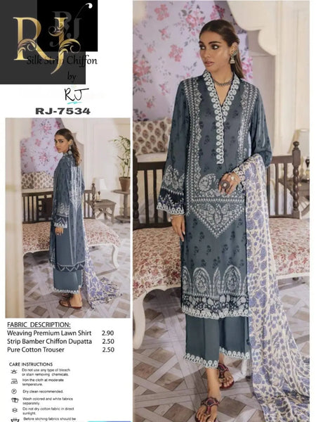 Dark Gray Silk Strip & Embroidered Women's Unstitched 3-Piece Lawn By RJ Kollection - RJ Kollection 3150.00 Clothing RJ Brand 