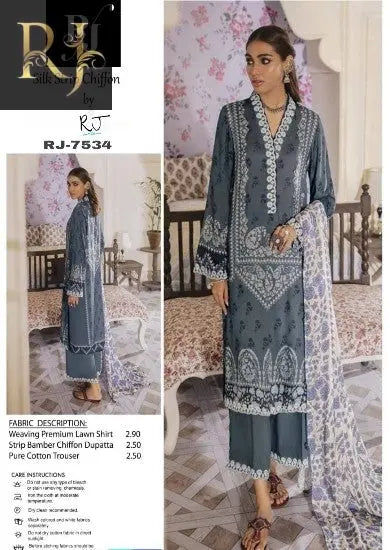 Dark Gray Silk Strip & Embroidered Women's Unstitched 3-Piece Lawn By RJ Kollection - RJ Kollection 3150.00 Clothing RJ Brand 