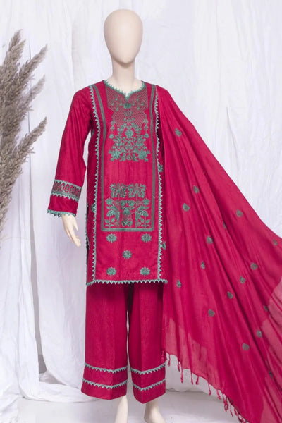 Dark Red Women's Embroidered Unstitched 3-Piece Linen Fabric By Jacquard - RJ Kollection 2299.00  RJ Kollection 