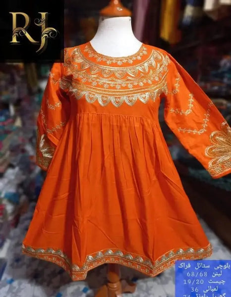 Deep Orange Women’s Embroidered Ready to Wear 3-Piece Linen Frock By RJ Kollection RJ Kollection