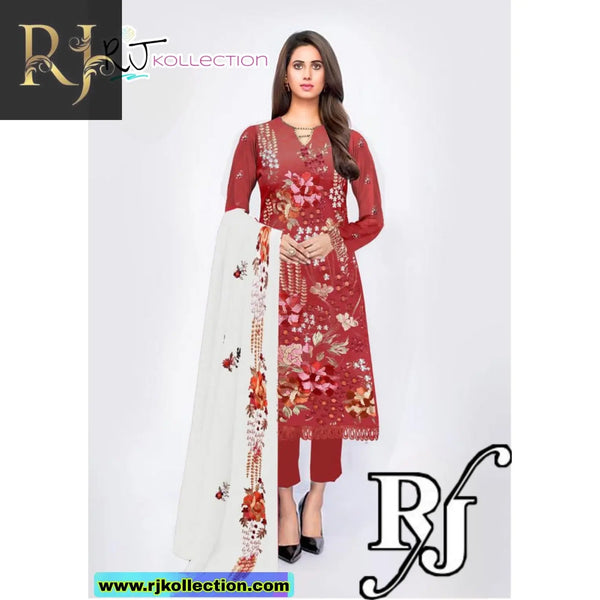 Deep Red Embroidered Women's 3-Piece Linen Fabric By RJ Kollection - RJ Kollection 4250.00 Clothing RJ Brand 