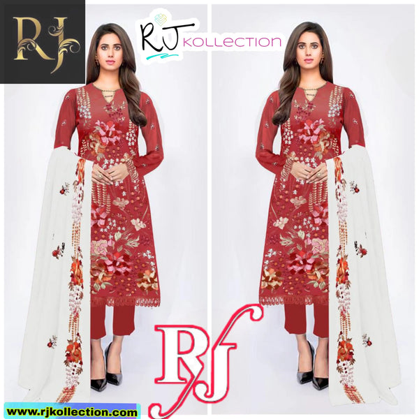 Deep Red Embroidered Women's 3-Piece Linen Fabric By RJ Kollection - RJ Kollection 4250.00 Clothing RJ Brand 