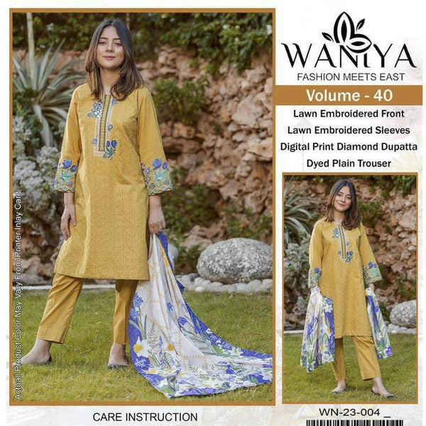 Light Golden Embroidered Women’s Unstitched 3-Piece Lawn Suit By Waniya (R)