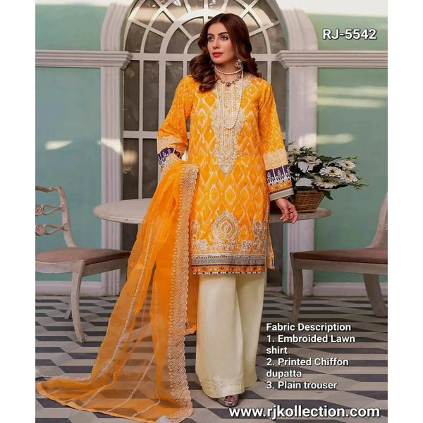 Golden Yellow Women’s Embroidered 3-Piece Unstitched Lawn By RJ Kollection - RJ Kollection 3199.00  RJ Kollection 