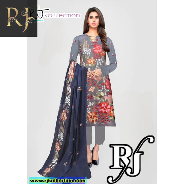 Gray Bluish Women's 3-Piece Linen Suit - Decorated & Embroidered By RJ Kollection - RJ Kollection 4250.00  RJ Brand 