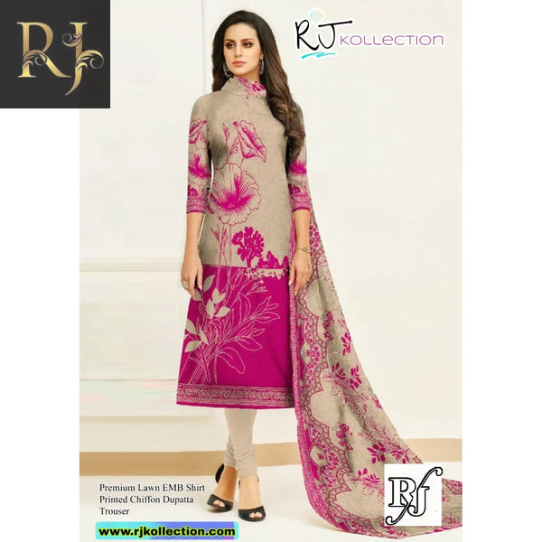 Gray & Pink Embroidered Women's Unstitched 3-Piece Lawn Suit By RJ Kollection - RJ Kollection 2850.00  RJ Brand 