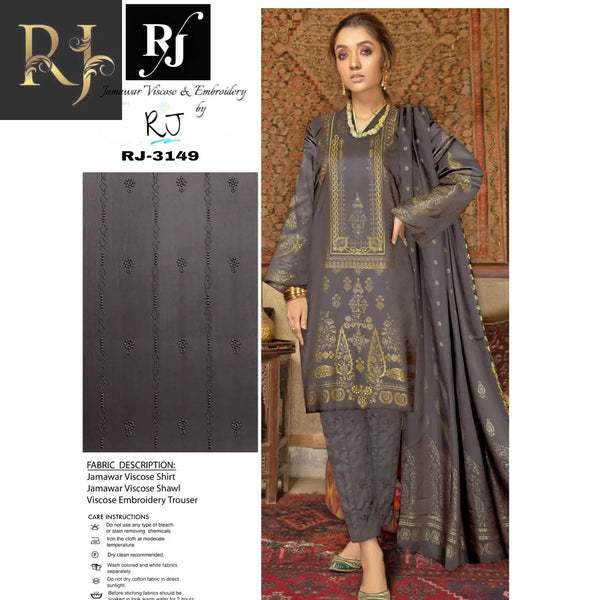 Grayish-Brown Women’s Embroidered 3-piece Jamawar & Viscose Suit By RJ Kollection - RJ Kollection 4299.99 Clothing RJ Brand 