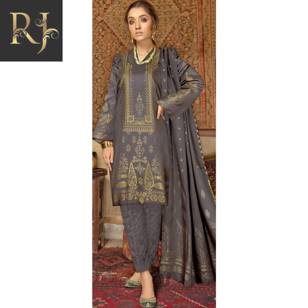 Grayish-Brown Women’s Embroidered 3-piece Jamawar & Viscose Suit By RJ Kollection - RJ Kollection 4299.99 Clothing RJ Brand 