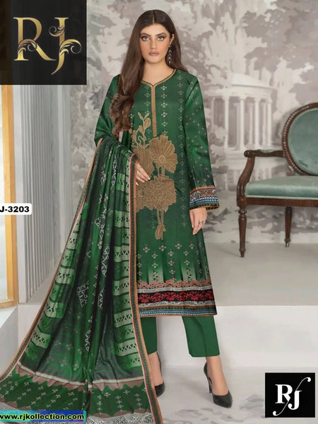 Green Embroidered Women’s 3-Piece Unstitched Linen Suit By RJ Kollection - RJ Kollection 3550.00 Clothing RJ Brand 