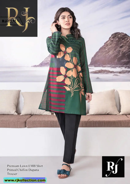 Greenish Embroidered Women’s Unstitched 3-Piece Lawn Suit By RJ Kollection - RJ Kollection 2650.00 Clothing RJ Brand 