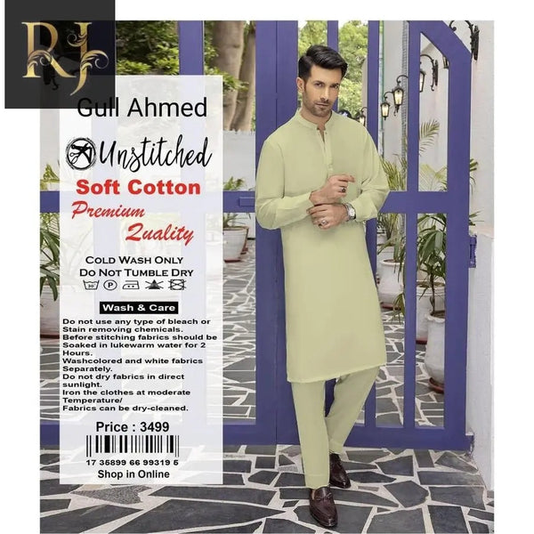 Gul Ahmad Men Unstitched Cotton Dress By RJ - RJ Kollection 2499.00  RJ Kollection 