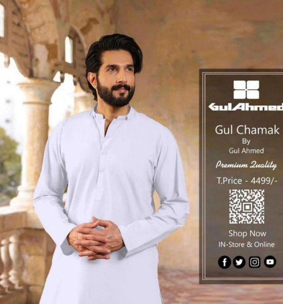 White  Gul Ahmad Men’s Unstitched Cotton Suit (R)