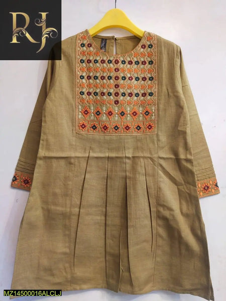 Light Brown Khaddar Embroidered Frock for Kids - RJ Kollection 2099.00  RJ Kollection 