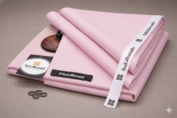 Folded pink fabric with Gul Ahmed branding on a gray background