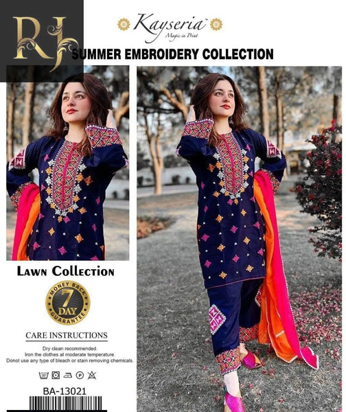 Navy Blue Women’s Embroidered Unstitched 3-Piece Lawn Suit By RJ Kollection - RJ Kollection 3499.00 clothes RJ Kollection 