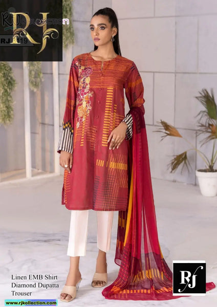 New Design Light Red Women’s 3-Piece Unstitched Linen Suit By RJ Kollection - RJ Kollection 2750.00 Clothing RJ Brand 