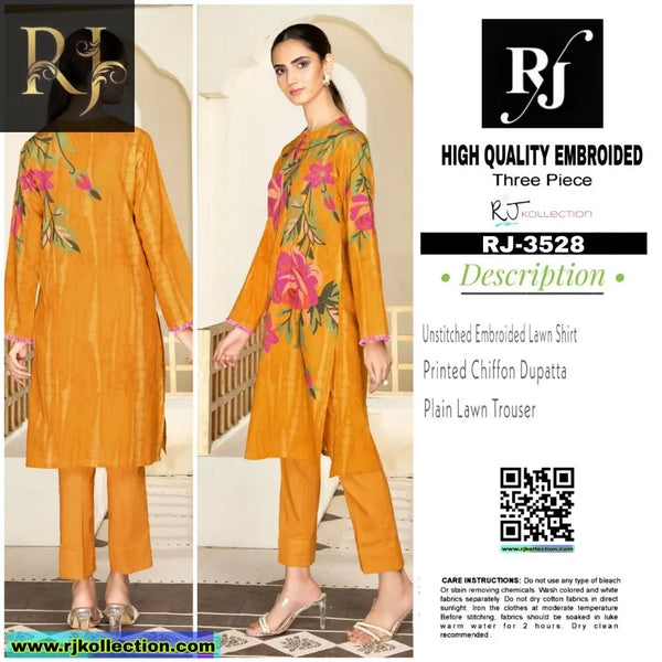 Orange Hue Women’s Embroidered Unstitched 3-Piece Lawn Suit By RJ Kollection - RJ Kollection 2850.00 clothing RJ Kollection 