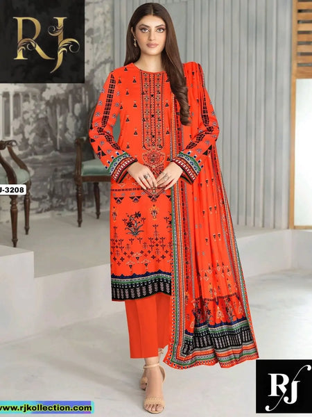 Orange Red Women’s 3-Piece Unstitched Linen Suit By RJ Kollection - RJ Kollection 3550.00 Clothing RJ Brand 