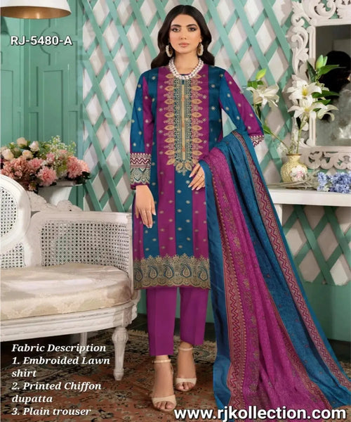 RJ Kollection Purple & Blue Women’s Embroidered 3-Piece Unstitched Lawn Suit - RJ Kollection 3199.00  RJ Kollection 