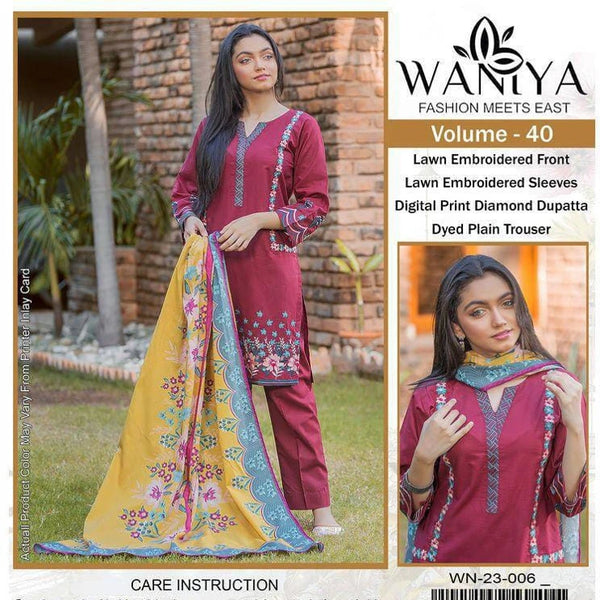 Red Shade Women’s Embroidered Unstitched 3-Piece Lawn Suit By Waniya (R)