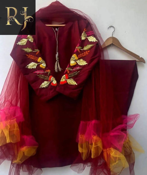 Reddish Brown Women’s Embroidered 3-Piece Stitched Cotton Suit With Free Khussa By RJ Kollection - RJ Kollection 1999.00  RJ Kollection 