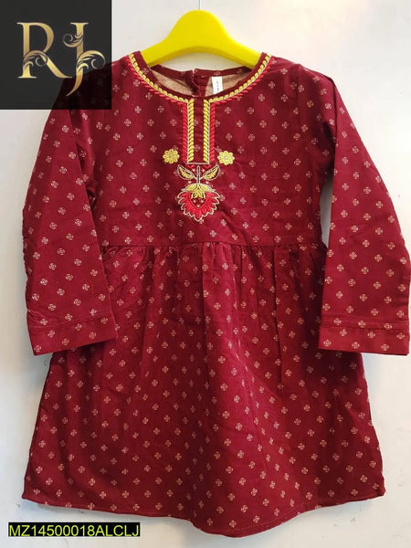 Reddish Self-Printed Corduroy Neck Embroidered Frock for Kids - RJ Kollection 1899.00  RJ Kollection 