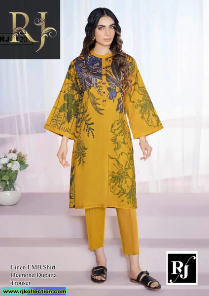 Self Printed Golden Yellow Women’s 3-Piece Unstitched Linen Suit By RJ Kollection - RJ Kollection 2750.00  RJ Brand 