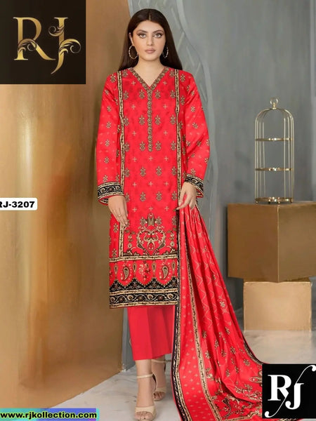 Self Printed Red Women’s 3-Piece Unstitched Linen Suit By RJ Kollection - RJ Kollection 3550.00 Clothing RJ Brand 