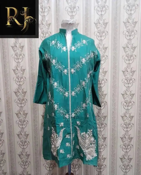 Teal Shade Women’s Embroidered Ready to Wear 3-Piece Linen Frock By RJ Kollection RJ Kollection