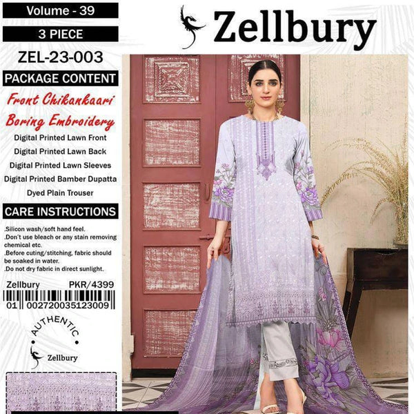 Zellbury Pale Purple Women’s Embroidered 3-Piece Unstitched Lawn