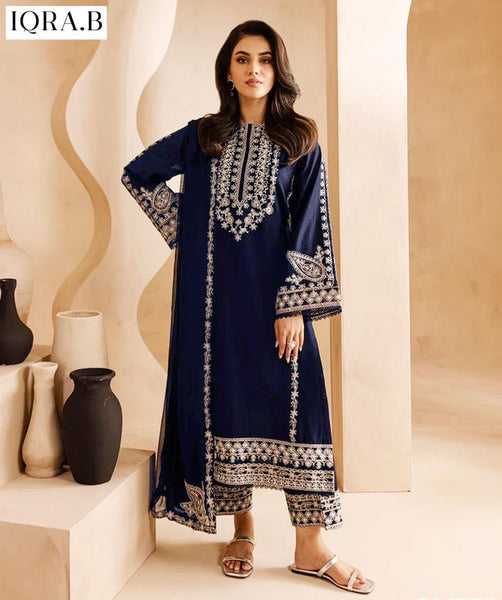 charming blue suit set- 3 pcs embroided lawn fabric