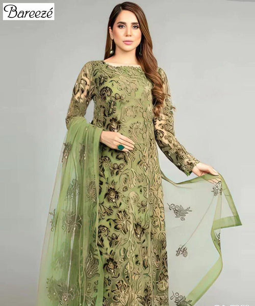 Stunning green embroided suit- 3 pcs set with lawn fabric