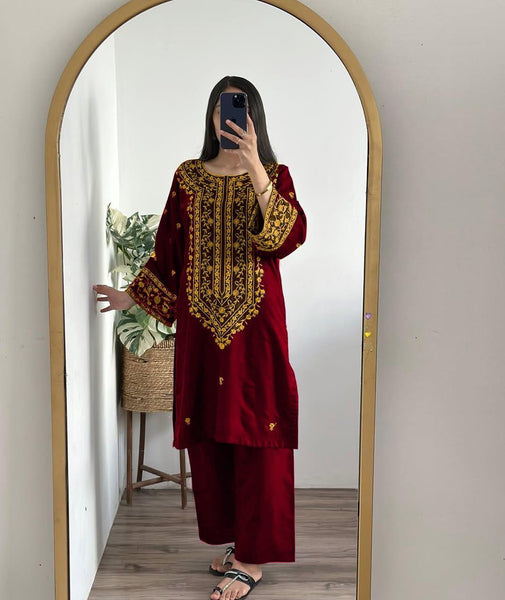 2 pcs womens stitched embroided shirt and trouzer
