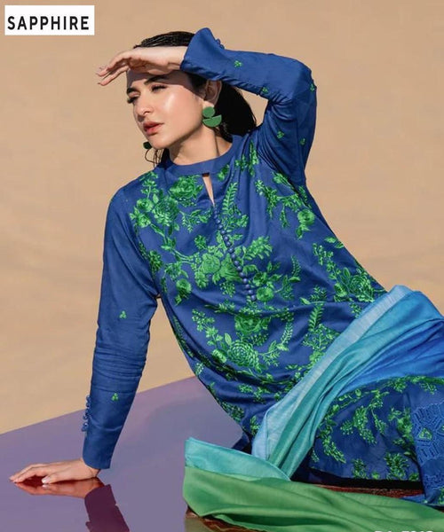 elegant blue embroided lawn suit-3 pcs set