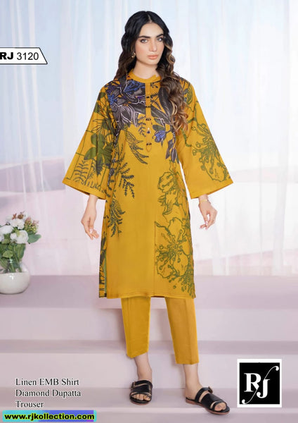 Self Printed Golden Yellow Women’s 3-Piece Unstitched Linen Suit By RJ Kollection