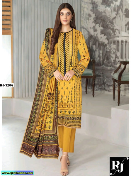 Self Printed Golden Yellow Women’s 3-Piece Unstitched Linen Suit By RJ Kollection