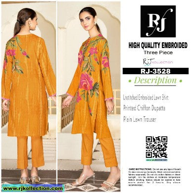 Orange Hue Women’s Embroidered Unstitched 3-Piece Lawn Suit By RJ Kollection 