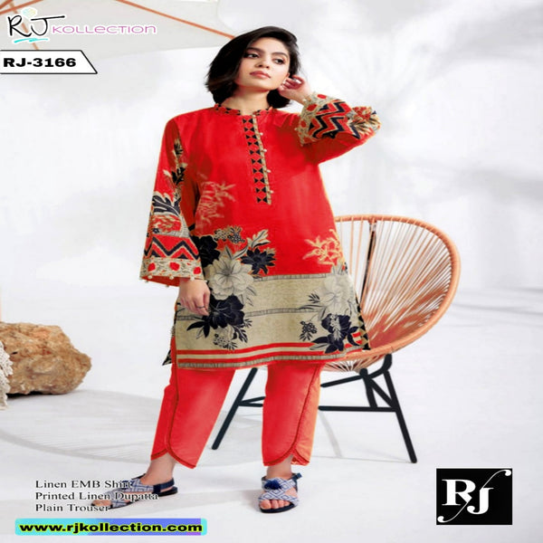 Self Printed Red Women’s 3-Piece Unstitched Linen Suit By RJ Kollection