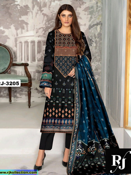 New Design Black Embroidered Women’s 3-Piece Unstitched Linen Suit By RJ Kollection