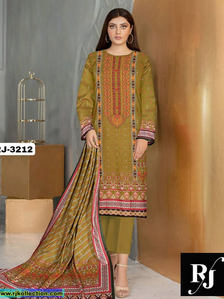 Golden Brown Embroidered Women’s 3-Piece Unstitched Linen Suit By RJ Kollection