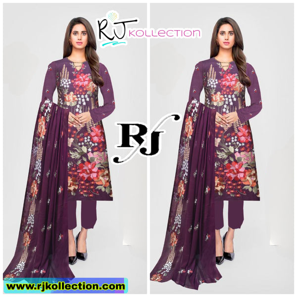 Purplish-Brown Embroidered Women's 3-Piece Linen Suit By RJ Kollection