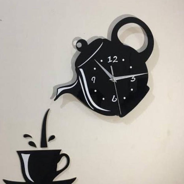 Teapot Inspired Black Wall Clock with Time for Tea Charm