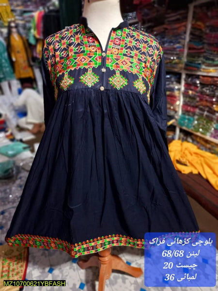 Balochi Style Navy Blue Women’s Embriodered Stitched 3-Piece Linen Frock By RJ Kollection 
