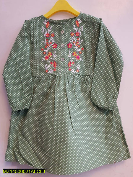Grayish Green Self-Printed Corduroy Neck Embroidered Frock for kids
