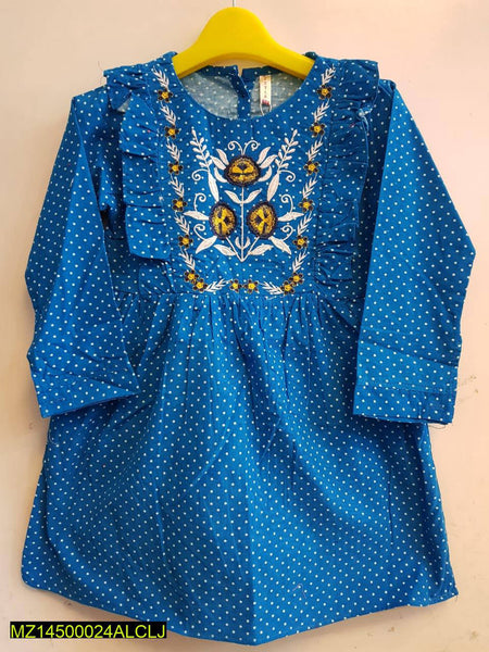 Medium Blue Corduroy Neck Embroidered Frock for kids
