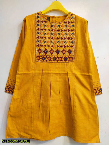 Yellowish Khaddar Embroidered frock for kids