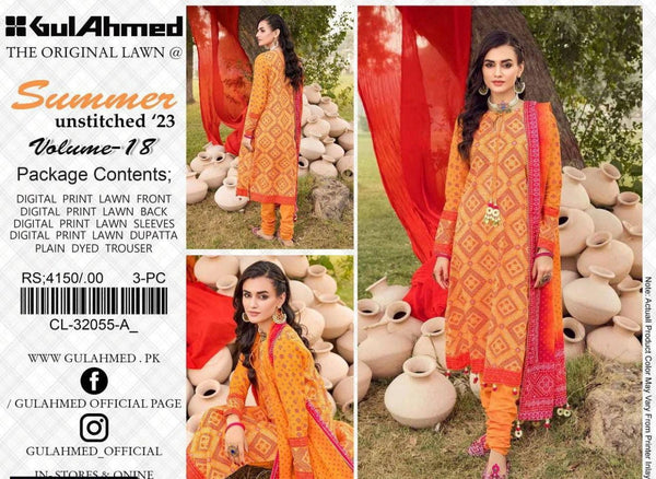 Warm Orange Women’s Embroidered 3-Piece Unstitched Lawn Suit By RJ Kollection By Gul Ahmad (R)