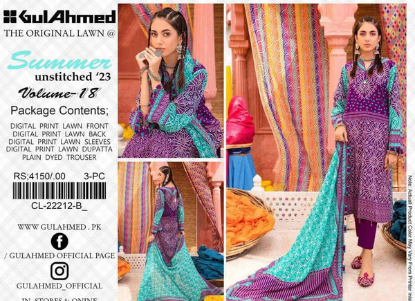 Gul Ahmad Purple Stylish Design &  Embroidered 3-Piece Unstitched Lawn Suit (R)