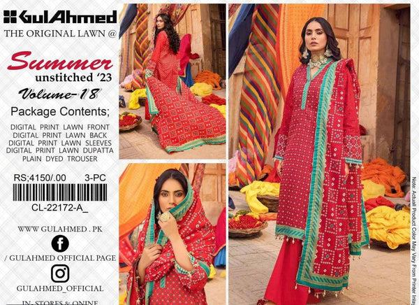Red Women’s Embroidered 3-Piece Unstitched Lawn Suit By RJ Kollection By Gul Ahmad (R)