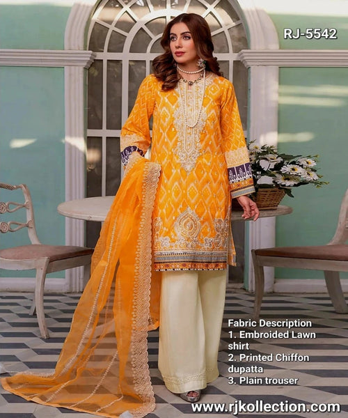 Golden Yellow Women’s Embroidered 3-Piece Unstitched Lawn By RJ Kollection